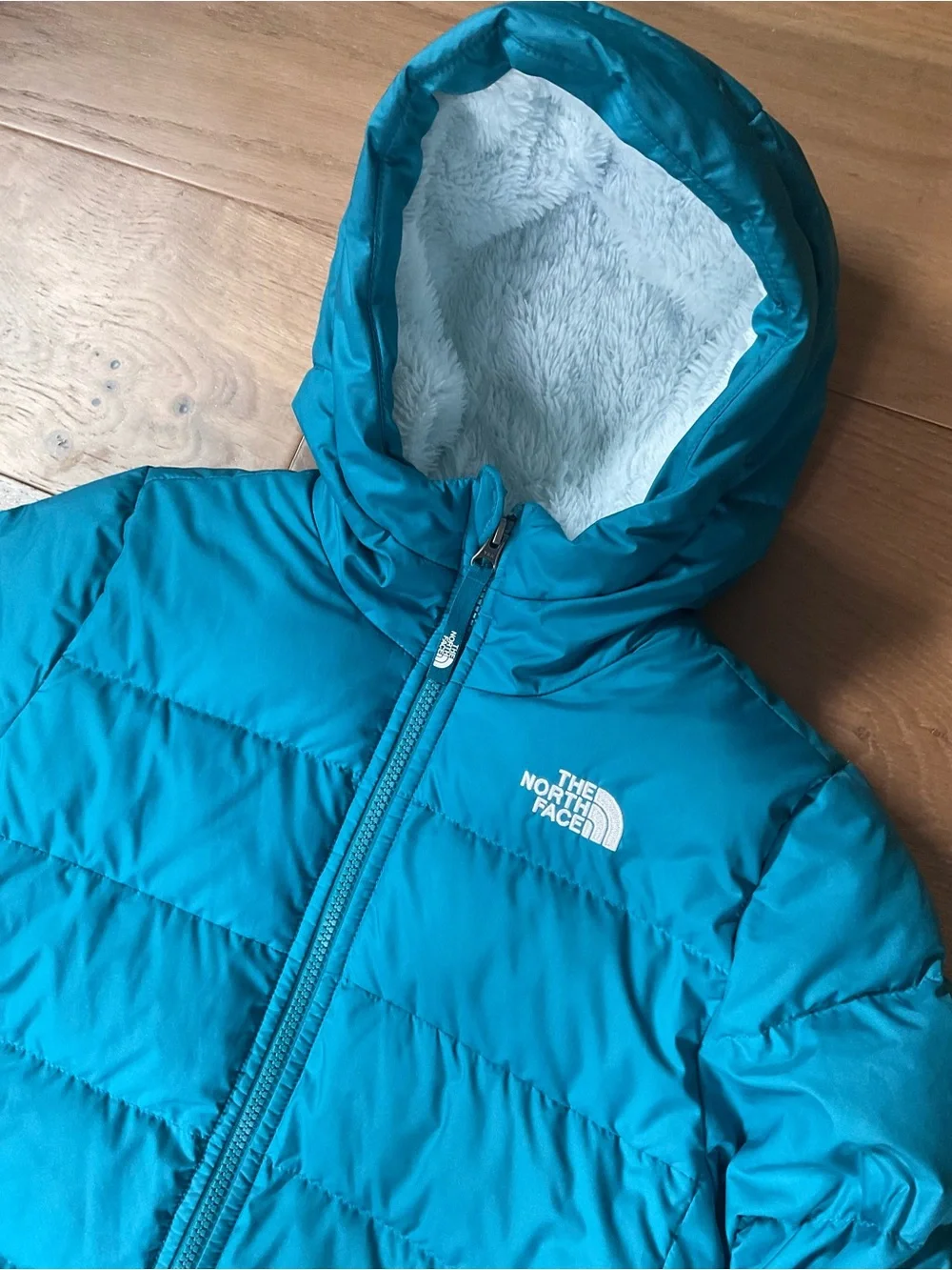 The North Face Youth 550 Down Fleece Lined Teal Blue Puffer Jacket Coat M 10/12